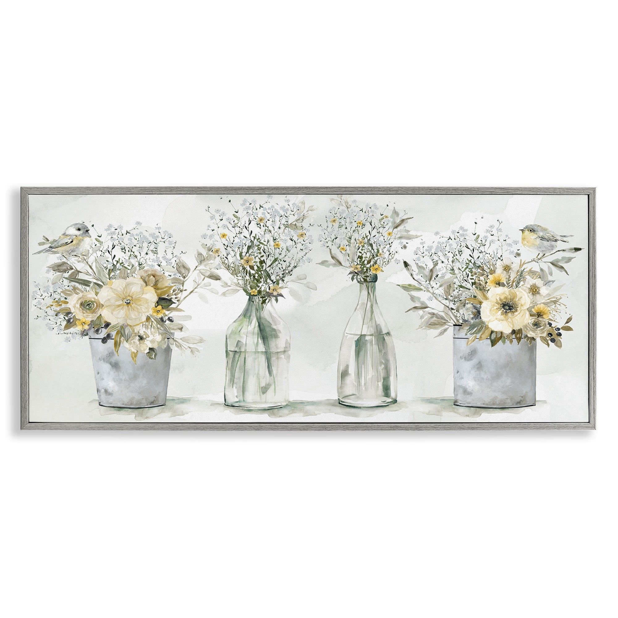Stupell Industries Farmhouse Floral Bouquets Song Birds Rustic Vases, 30 x 13, Design by Carol Robinson