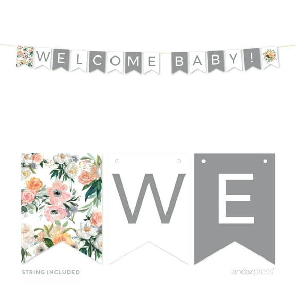 Peach Coral Floral Garden, Welcome Baby! 5-Feet Hanging Pennant Party Banner with String