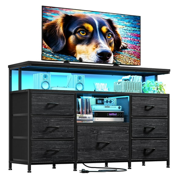 Dresser TV Stand for Bedroom with 7 Fabric Drawers,Wide Dresser for Bedroom with LED Lights & Power Outlets for 55" TV & Open Shelves for Living Room, Sturdy Frame, Black