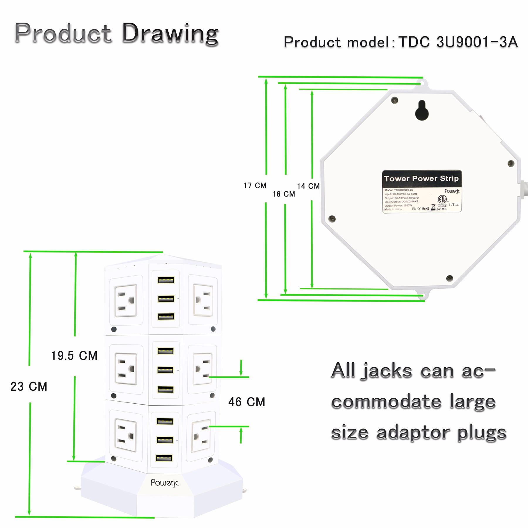 Powerjc Tower Power Strip Surge Protector 12 AC Outlets with 6 Ports USB Chargers 118 Inch Long Extension Cord Indoor White