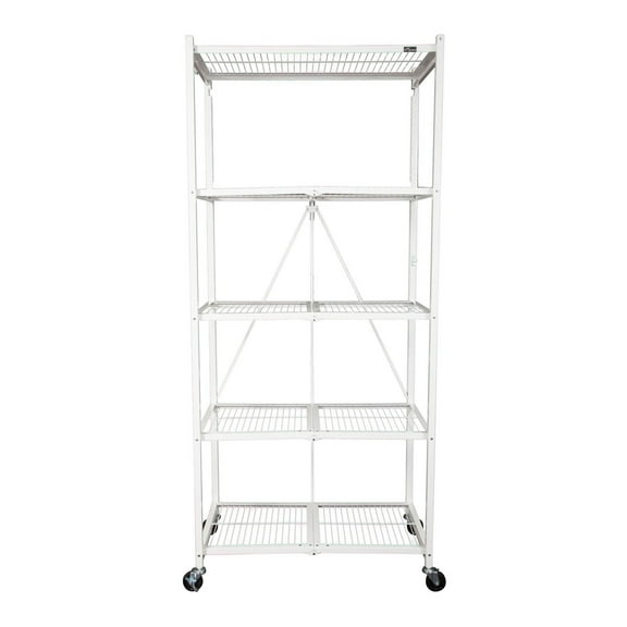 Origami Large Wheeled 5-Shelf Folding Steel Wire Shelving, White (21"x36"x78")