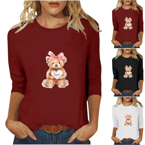 RKSTN Valentine's Gifts Women's 3/4 Sleeve T Shirts Top Oversized Crewneck Valentines Graphic Print Short Sleeve Shirt Womens Casual Solid Round Neck Loose Three Quarter Sleeve Shirt Spring Clothes