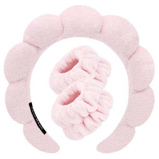 Diademas de spa para lavar la cara, juego de muñequeras de esponja, maquillaje, cuidado de la piel, diadema, toallas de muñeca, toalla de rizo suave, diadema para mujeres, gorros hinchados, antidesliz
