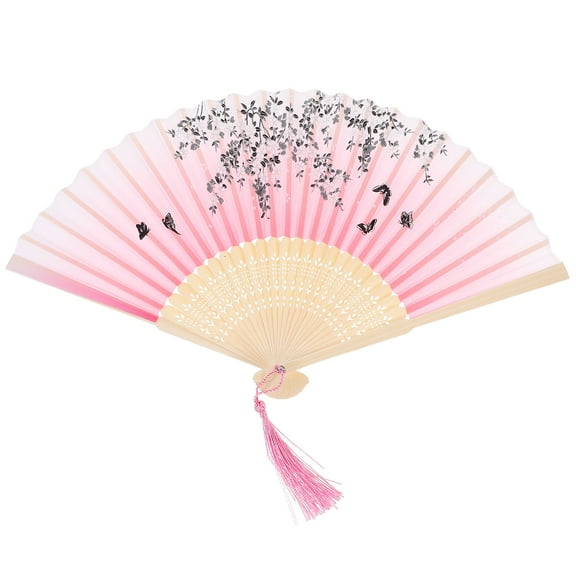OUNONA Retro Style Chinese Folding Fan with Elegant Pink Cloth and Bamboo for Decoration 12 Inch