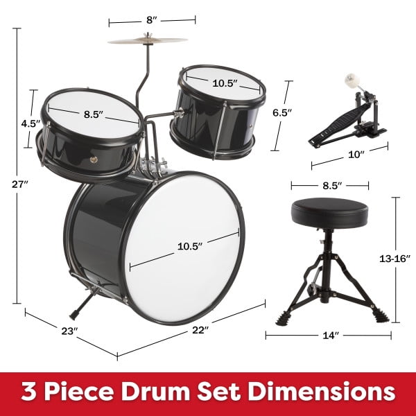 Kids Drum Set - 3-Piece Drum Kit with Cymbal, 2 Toms, Bass Drum and Pedal, Drumsticks, and Throne - Beginner Musical Instruments by Hey! Play!