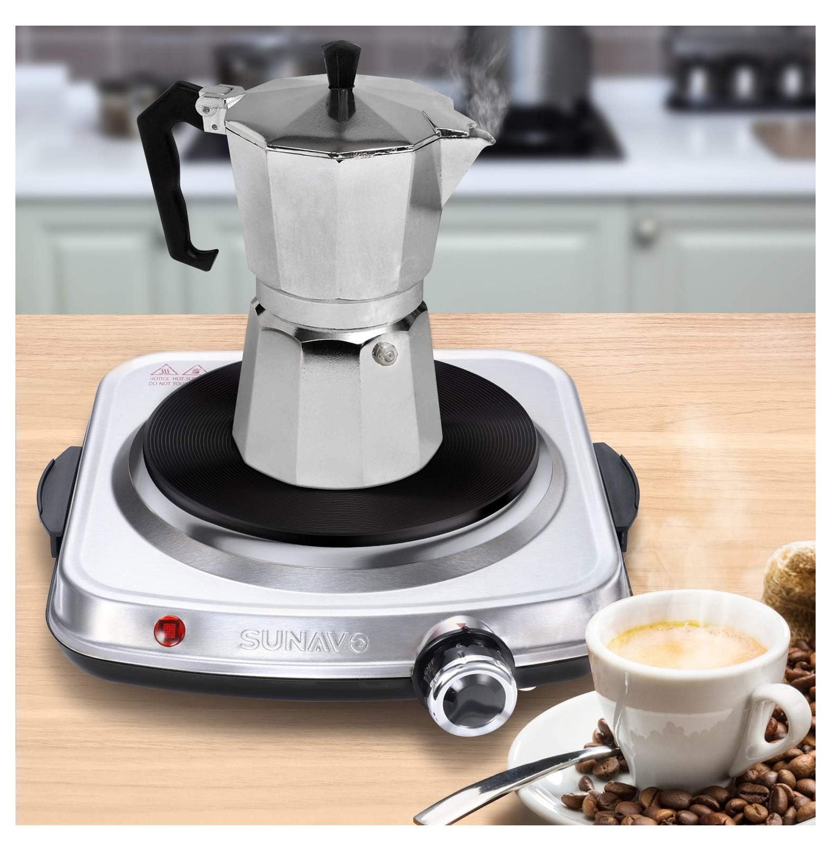SUNAVO 1500W Hot Plates for Cooking, Electric Single Burner with Handles, 6 Power Levels Stainless Steel Hot Plate for Kitchen Camping RV and More Silver