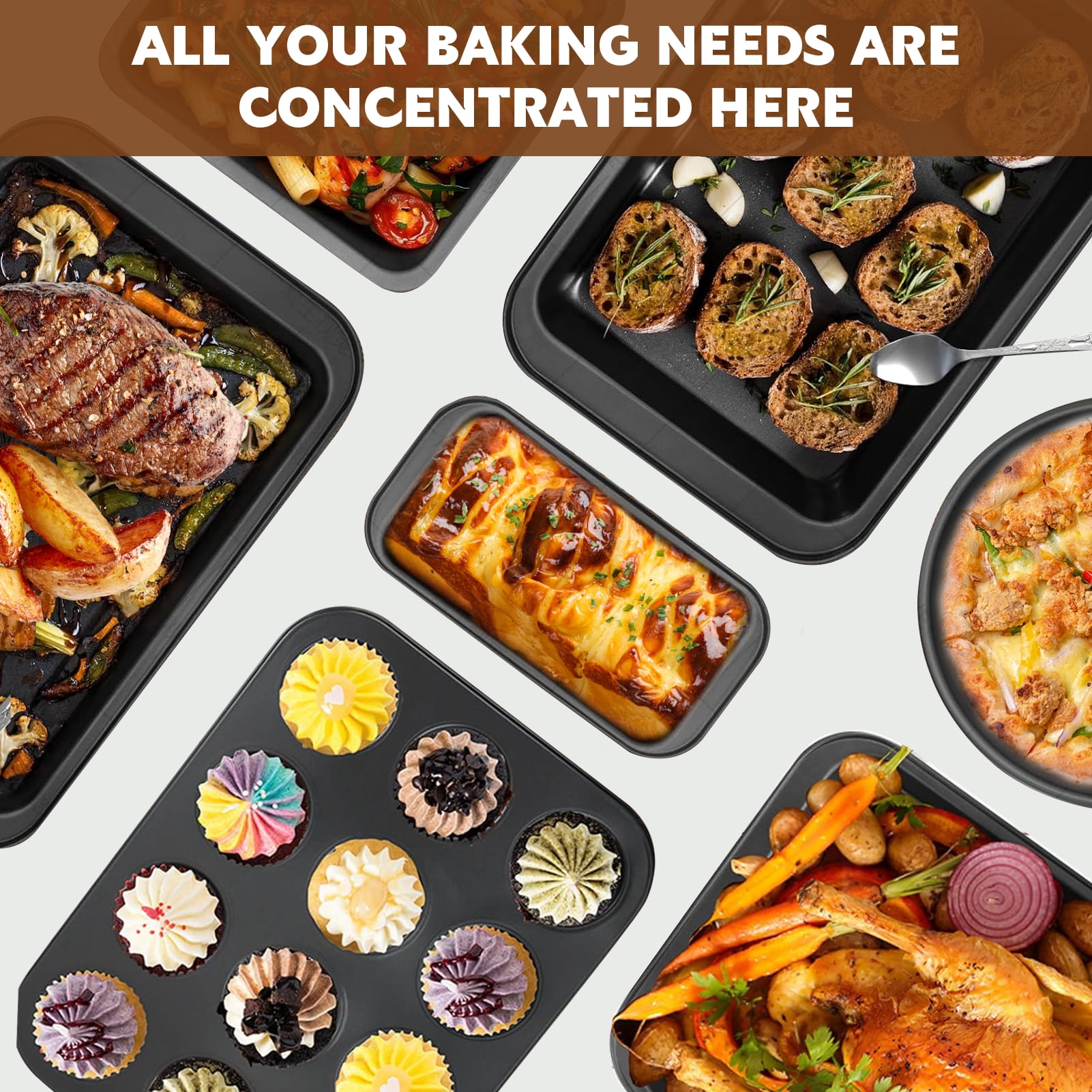 Godance Baking Pans Set, 7-Piece Nonstick Bakeware Sheets Set, Including Cookie Sheet, Deep Roaster Pan, Square Pan, Loaf Pan, Muffin Pan, Carbon Steel Baking Set, Oven Pans for Cooking (Dark Gray)