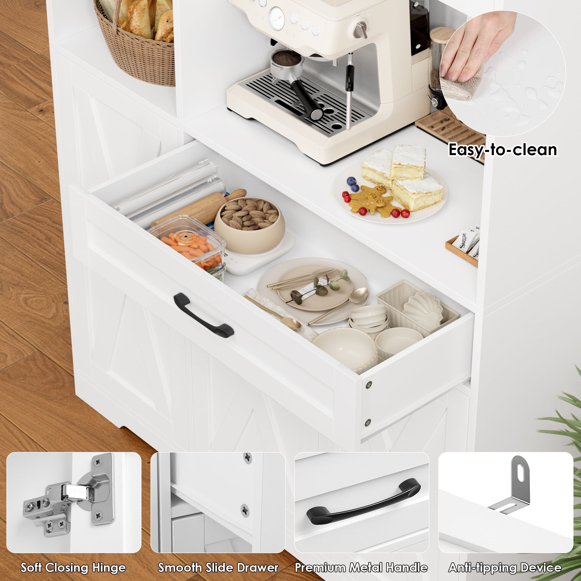 Hiphuta 71"Farmhouse Kitchen Pantry Storage Cabinet, Freestanding Hutch Cabinet with Microwave Stand, Sturdy Pantry Cabinet for Dining Room, White