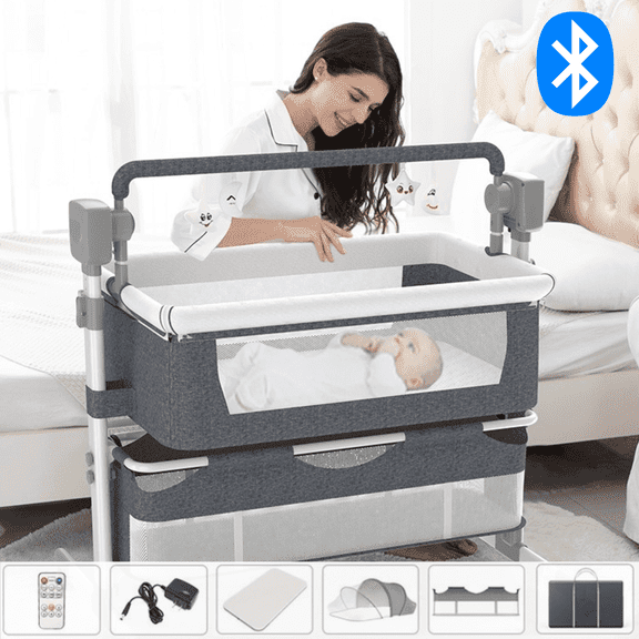Sunny Babe Electric Baby Crib Rocking Baby Recliner with Remote Control Bed-Sharing Baby Cradles and Bassinets with Bluetooth Music Speaker,Unisex,Grey