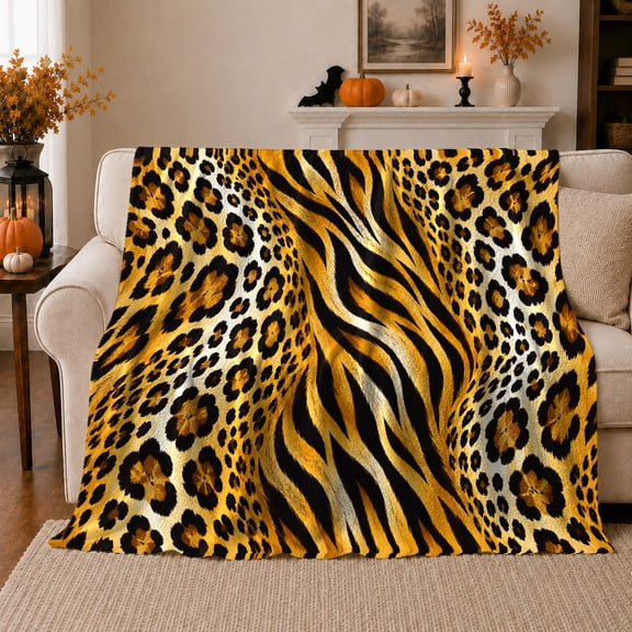 Golden Tiger Leopard Safari, Dramatic Artistic Scene, Warm Flannel Blanket for Cabin and Lodge with Detailed Artwork, Wildlife Lovers Housewarming Gift, Artistic Home Decor