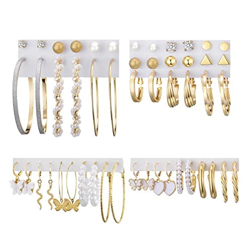 Earrings Set for Women Girls 25 Pairs Gold Hoop Earrings Set Multipack Trendy Big Boho Statement Hoop Pearl Earrings Pack Assorted Small Stud Earrings