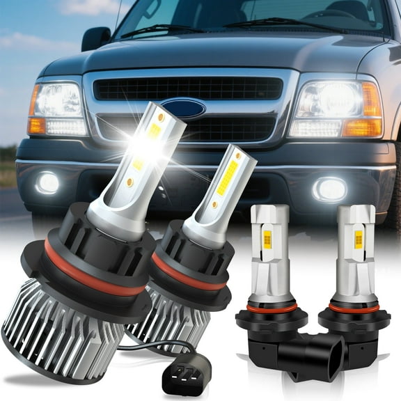 For Ford F-150 1999 2000 2001 2002 2003 Hi/Lo Bulbs Fog Lights Pack of 4 Led Headlight Combo 9007 H10 6000k Bulbs Kits White 12000LM Easy Install 50000 Hours Lifespan