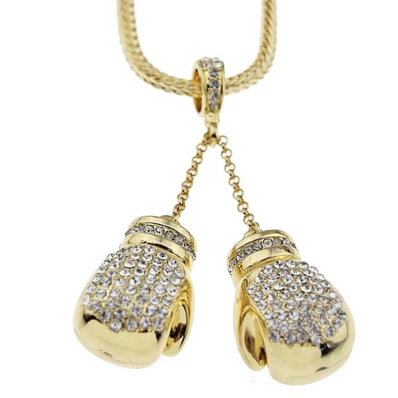 Men's Boxing Gloves Pendant Chain Iced Bling Gold Finish 36" In Franco Necklace