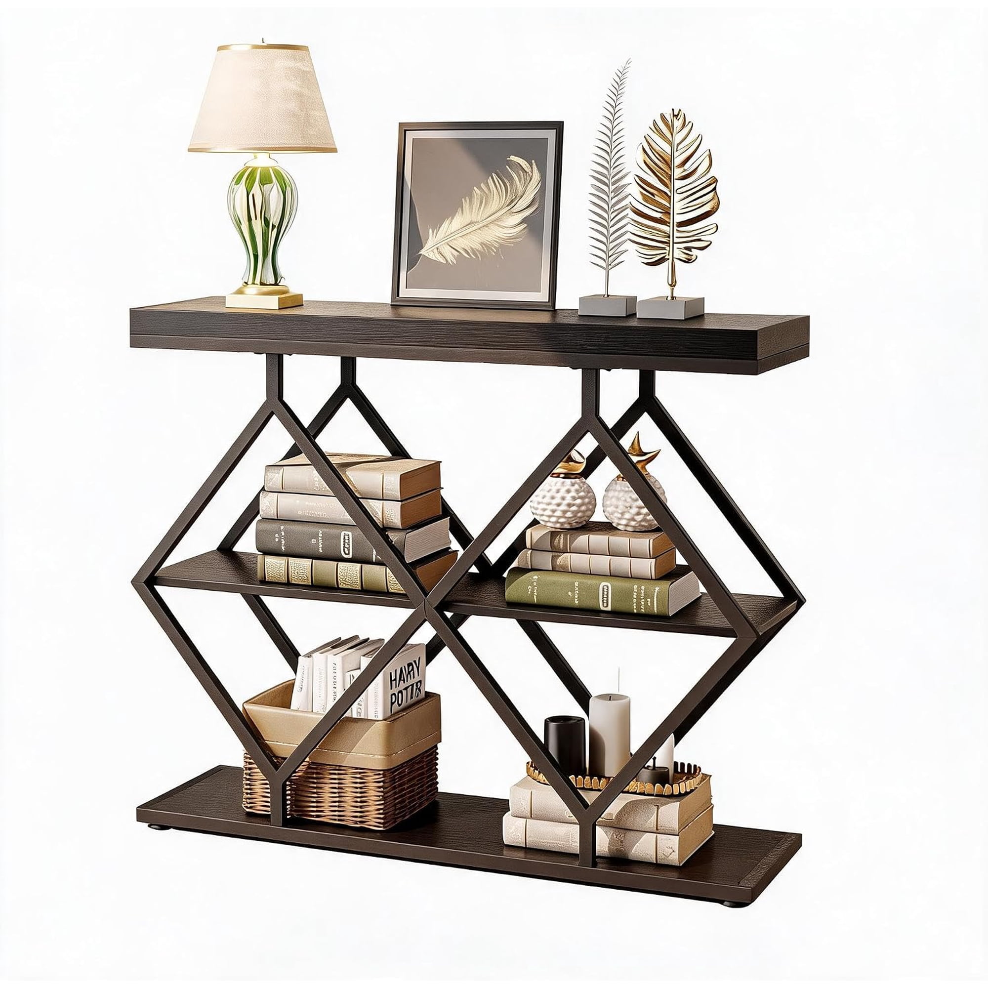 Industrial Console Table with Diamond Metal Frame and 3-Tier Storage Shelves Narrow Entryway Sofa Table for Living Room Hallway and Foyer Black Wood Grain
