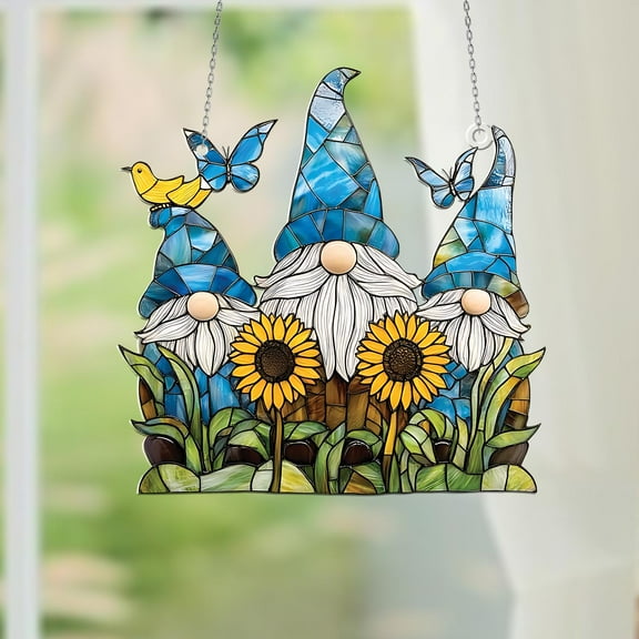 Acrylic Gnome Suncatcher with Sunflower, Butterfly and Bird Window Decor