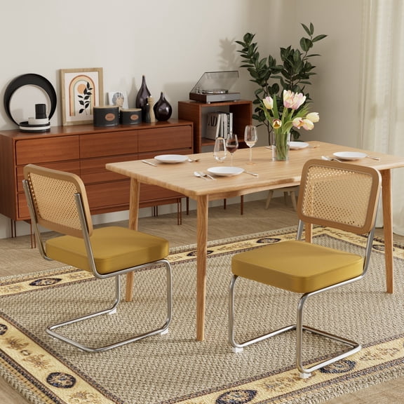 Mid Century Breuer Cantilever Dining Chairs Set of 2/4, Linen Velvet Rattan Back Accent Chairs with Stainless Chrome Base for Kitchen Dining Room
