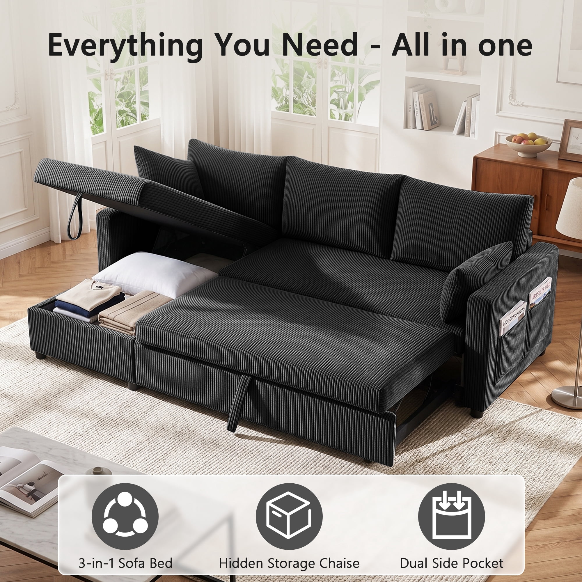Xiweot Convertible Sectional Sleeper Sofa Bed, 85" L Shaped Couch with Pull Out Bed, Side Pockets & Storage Chaise, Corduroy 3 Seater Sectional Couch for Living Room Apartment (Black)