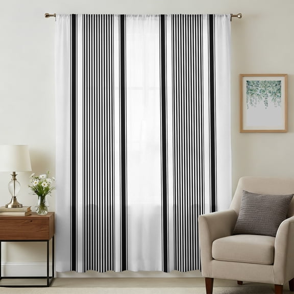 Black Striped Sheer Curtains 84 Inches Long, Farmhouse Thin Vertical Stripes Modern Light Filering Curtains, Breathable Simi Curtain Privacy Drapes for Living Room Bedroom Window Treatment