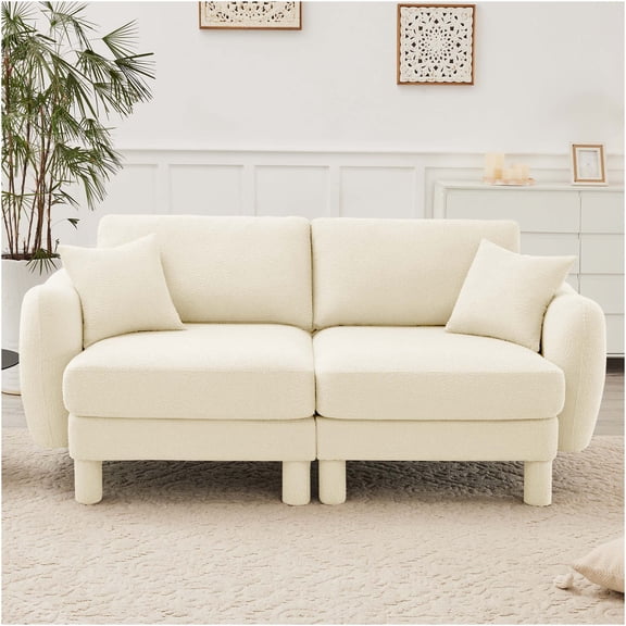 JERFIT Boucle Loveseat Sofa, Shell Shaped Armrests & Upholstered Legs, Modern Beige Polyester 2-Seater Couch for Living Room