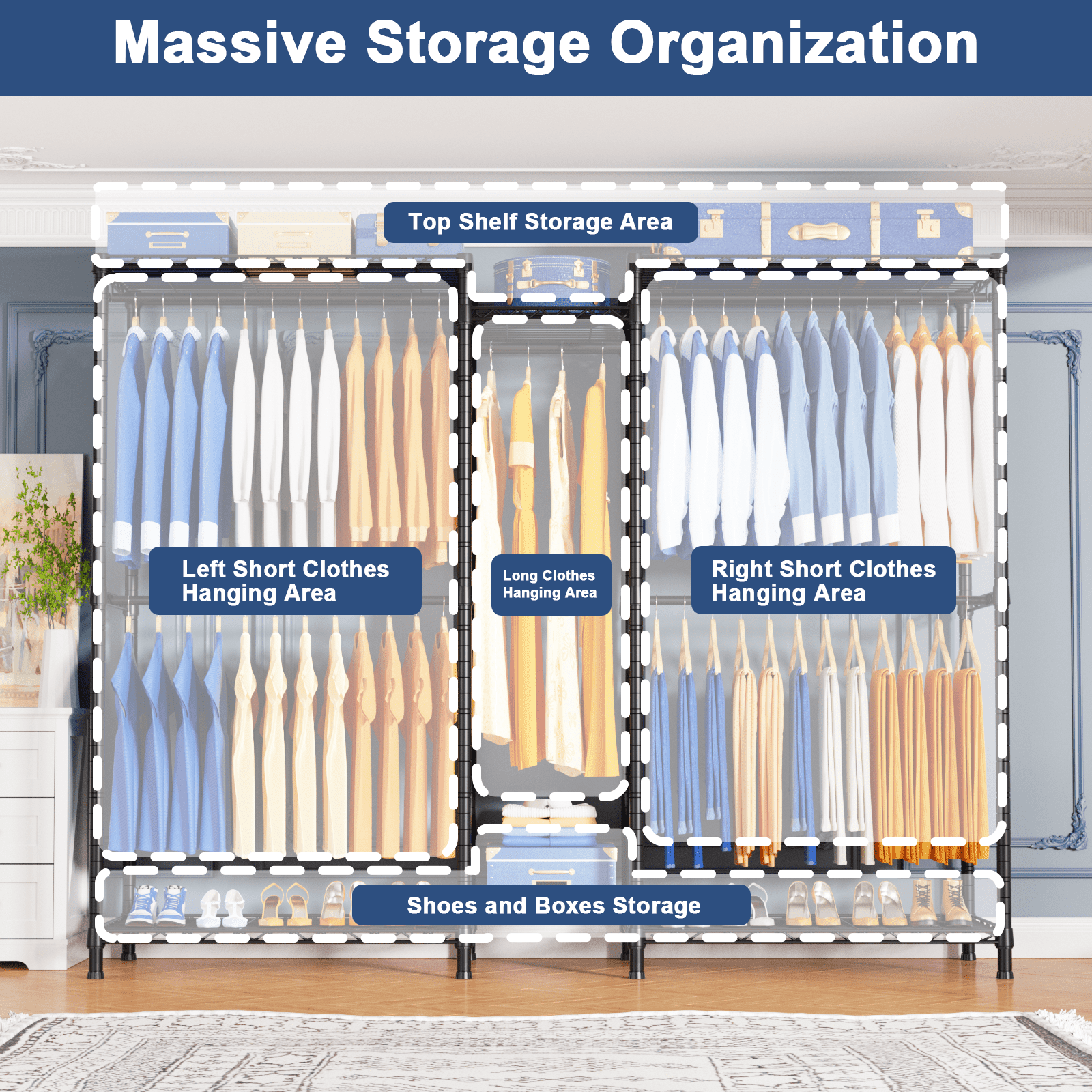 Ulif E12C Heavy Duty Closet Organizer System - Adjustable Garment Rack with Dustproof Cover, 960lbs Capacity Freestanding Clothing Rack (71"W x 76.5"H, Black/Grey)