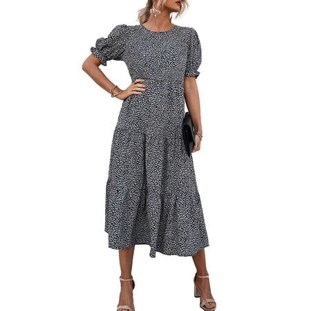 fantaslook dresses for women summer casual boho dress floral print puff sleeve midi beach dresses((( size m ))