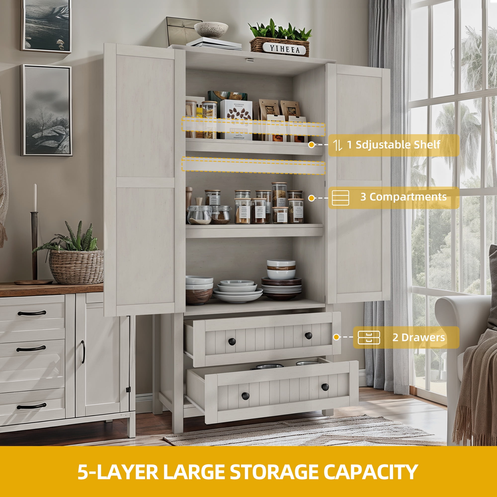 DWVO 64" Pantry Cabinet with drawers and Adjustable Shelves, Kitchen Storage Cabinet with Doors, White Oak