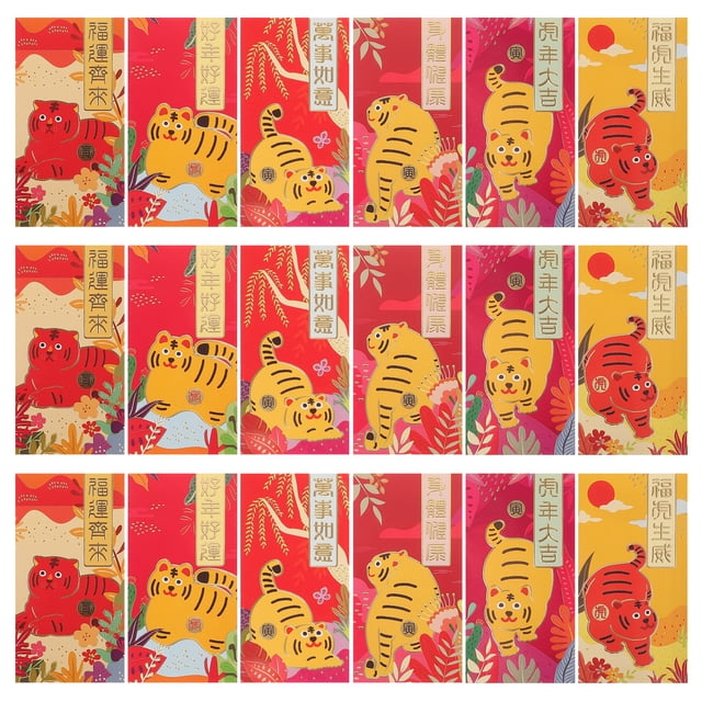 CIMAXIC new year 36PCS Zodiac Tiger New Year Red Packets Cartoon Pattern Spring Festival Money Packets,6.69"X3.54"X0.04"