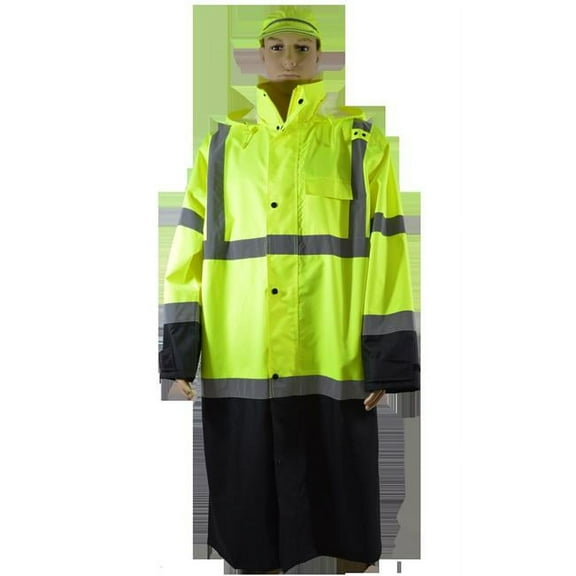 Petra Roc  48 in. Lime & Black Bottom Two Tone Waterproof Rain Coat, Ansi Class 3, Roll Away Hood, Large