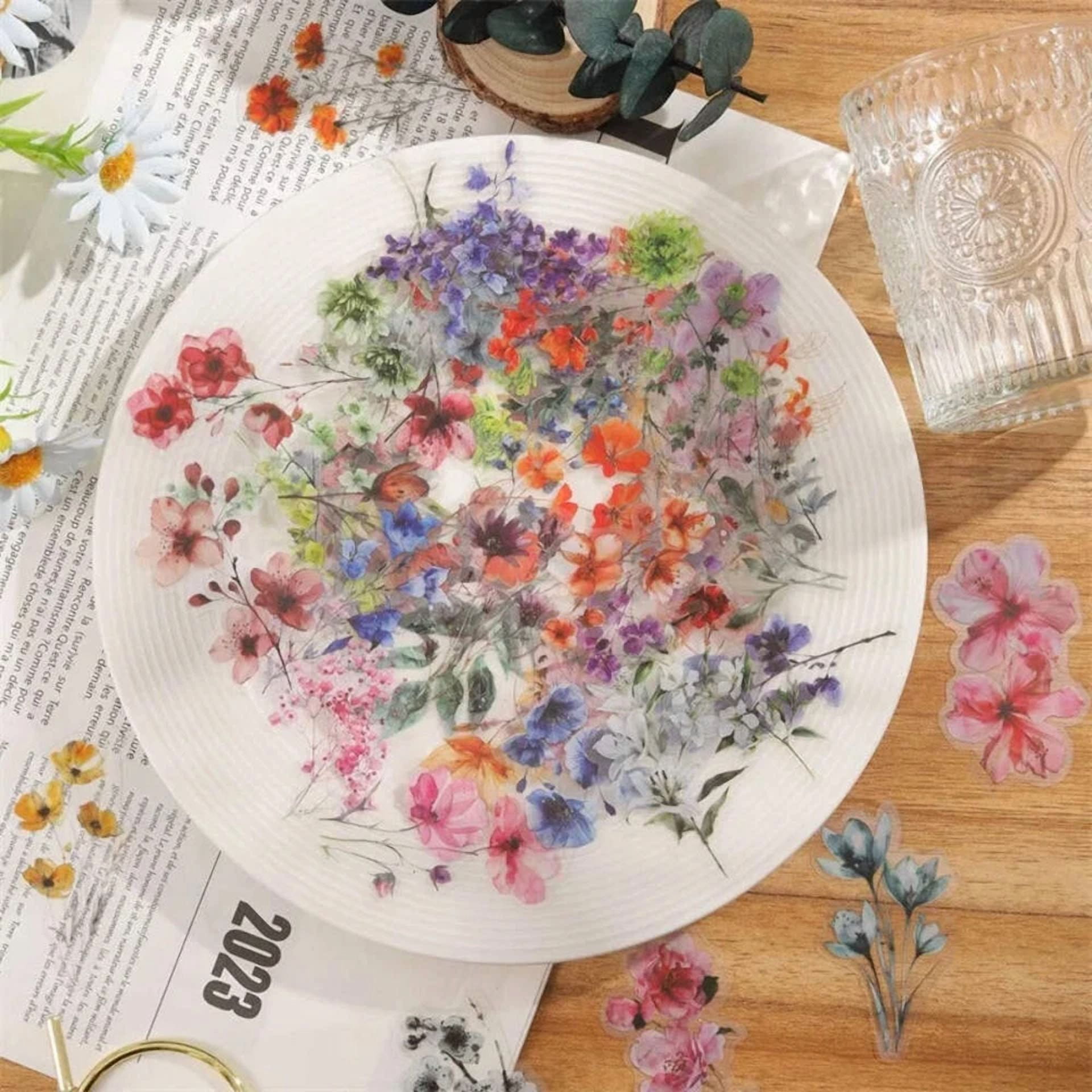 FLINT - 50Pcs Colorful Flower Pet Sticky Sticker Aesthetic Korean Stationery Diy Transpa