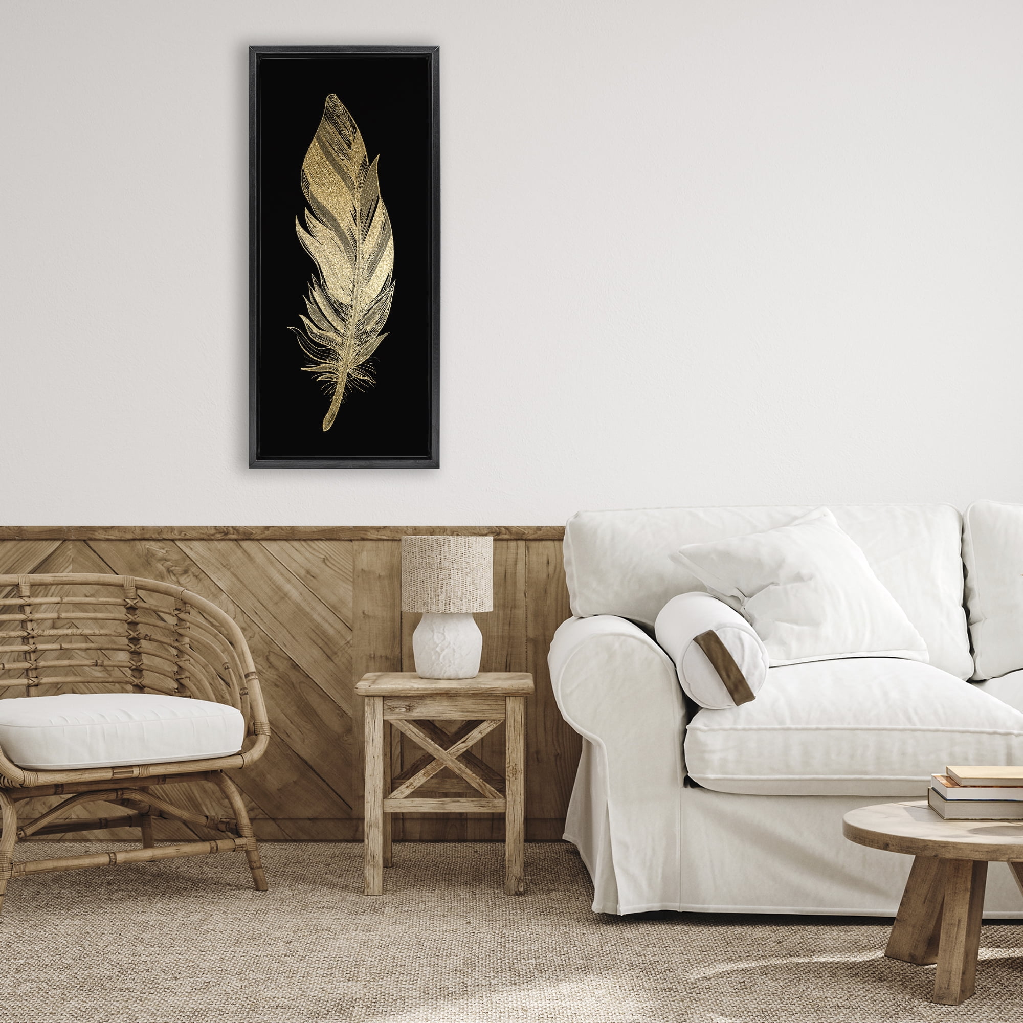 Glam Lined Feather Black Framed Floater Canvas Wall Art, design by Kim Allen
