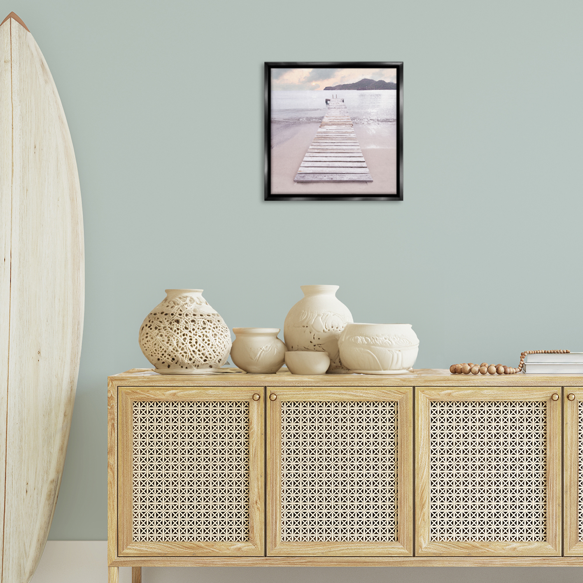 Stupell Industries Zen Beach Dock Landscape Painting Black Floater Framed Canvas Art Print Wall Art, 18 x 18