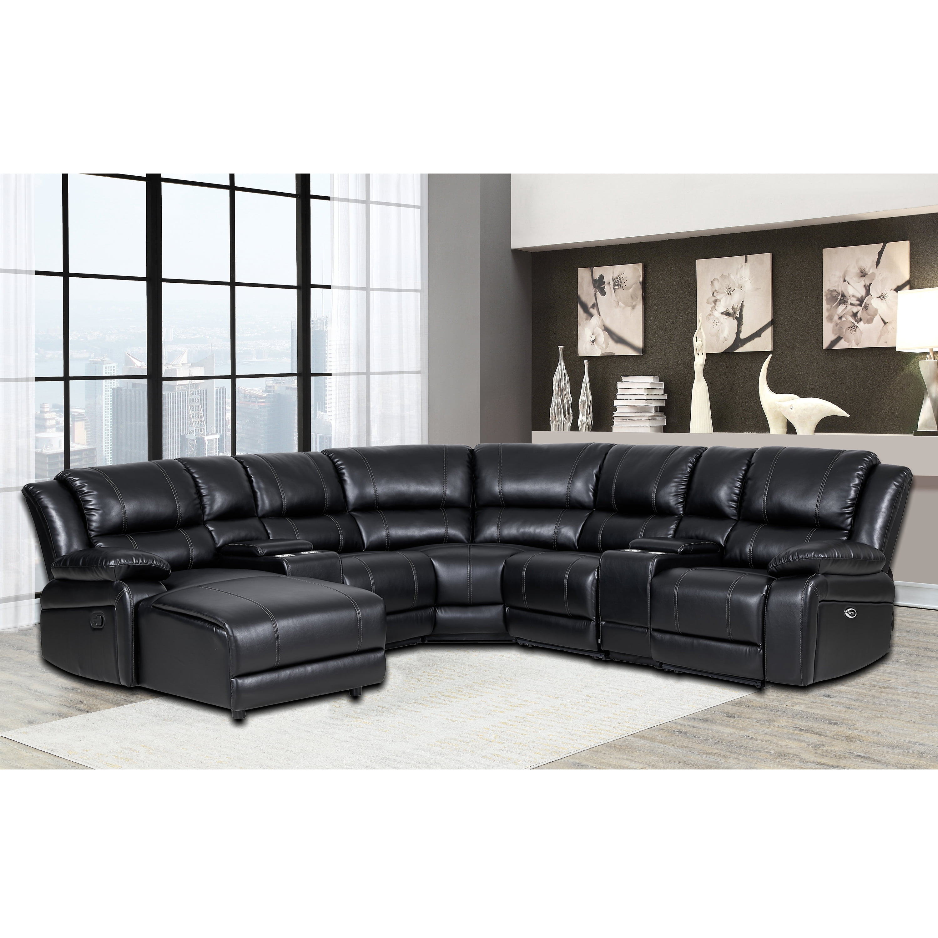 AC Pacific 7 Piece Traditional Dacron Fiber Reclining Living Room Set Black