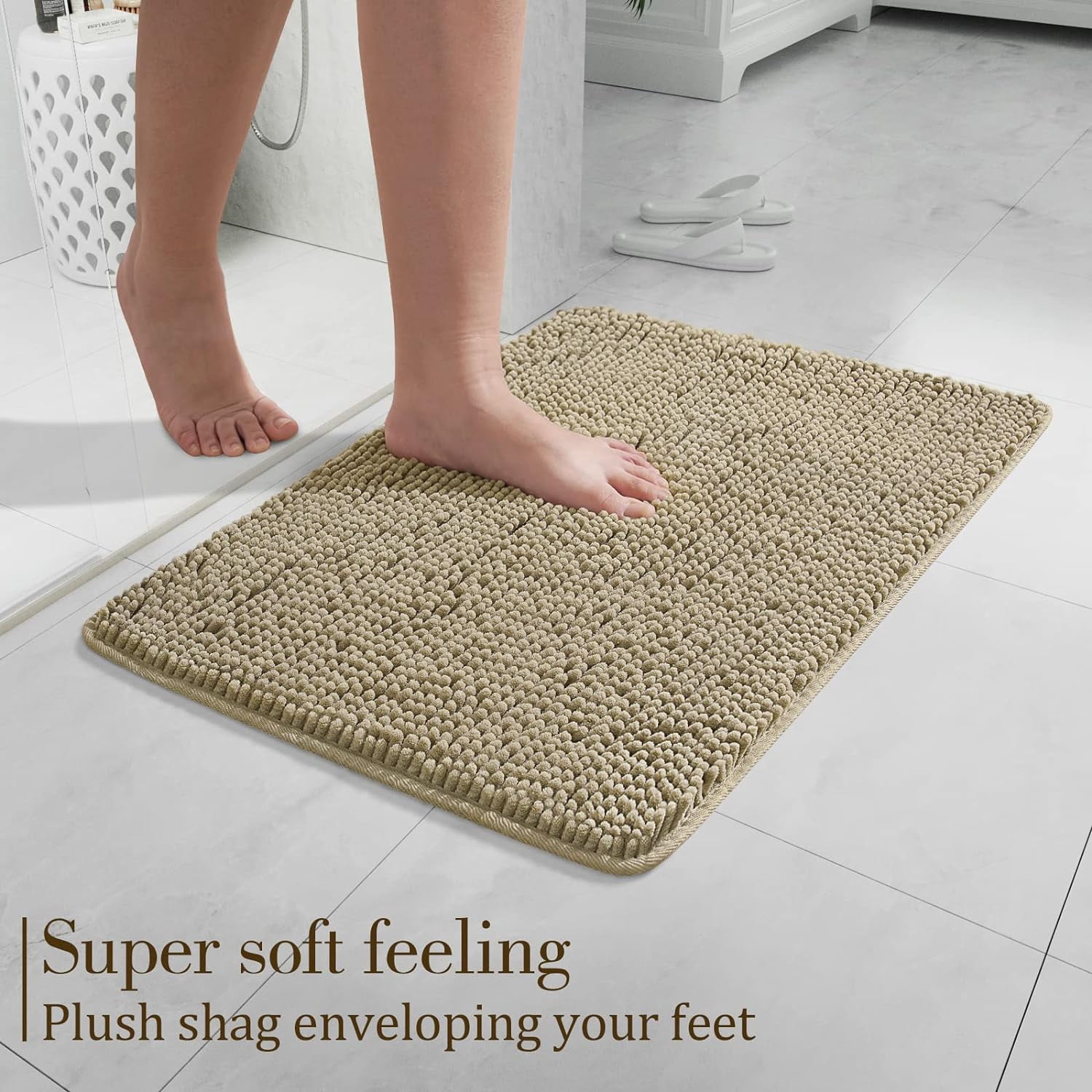 Luxury Bathroom Rug Shaggy Bath Mat 24 x 17 Inch, Washable Non Slip Bath Rugs for Bathroom Shower, Soft Plush Chenille Absorbent Carpets Mats, Beige