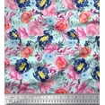 thumbnail image 1 of Soimoi Blue Velvet Fabric Leaves & Pink Floral Watercolor Printed Fabric 1 Yard 58 Inch Wide, 1 of 1