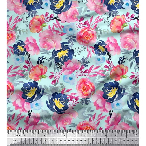 Soimoi Blue Satin Silk Fabric Leaves & Pink Floral Watercolor Printed Craft Fabric by The Yard 42 Inch Wide