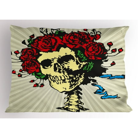 Halloween Pillowcase - Rose Pillow Sham Tattoo Art Style Graphic Skull in Red Flowers Crown Halloween Composition Print, Decorative Standard Queen Size Printed Pillowcase, 30 X 20 Inches, Beige Multicolor, by Ambesonne