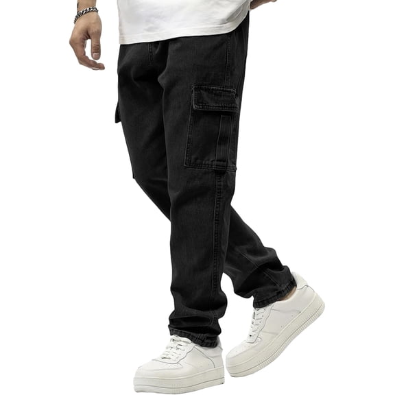 Wrongduck Men's Elastic Waist Cargo Jeans Stretch Denim Pants with Drawstring Relaxed Straight Fit Casual Streetwear Denim Trousers with Multiple Pockets