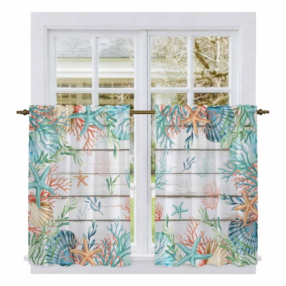 Beach Coastal Kitchen Curtain for Berdoom Living Room Cafe 45 Inch Length, Summer Coral Starfish Nautical Ocean Retro Tiers Curtains Light Filtering Drapes Window Treatment 2 Panels 52"Wx45"L
