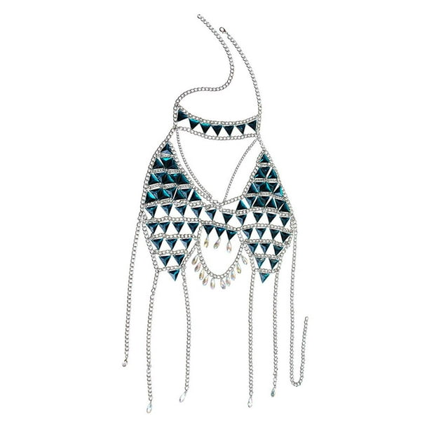 Women Body Belly Chain Bra Body Jewelry - Blue Crystal Rhinet Body Chain  Necklace for Beach Party Decor 