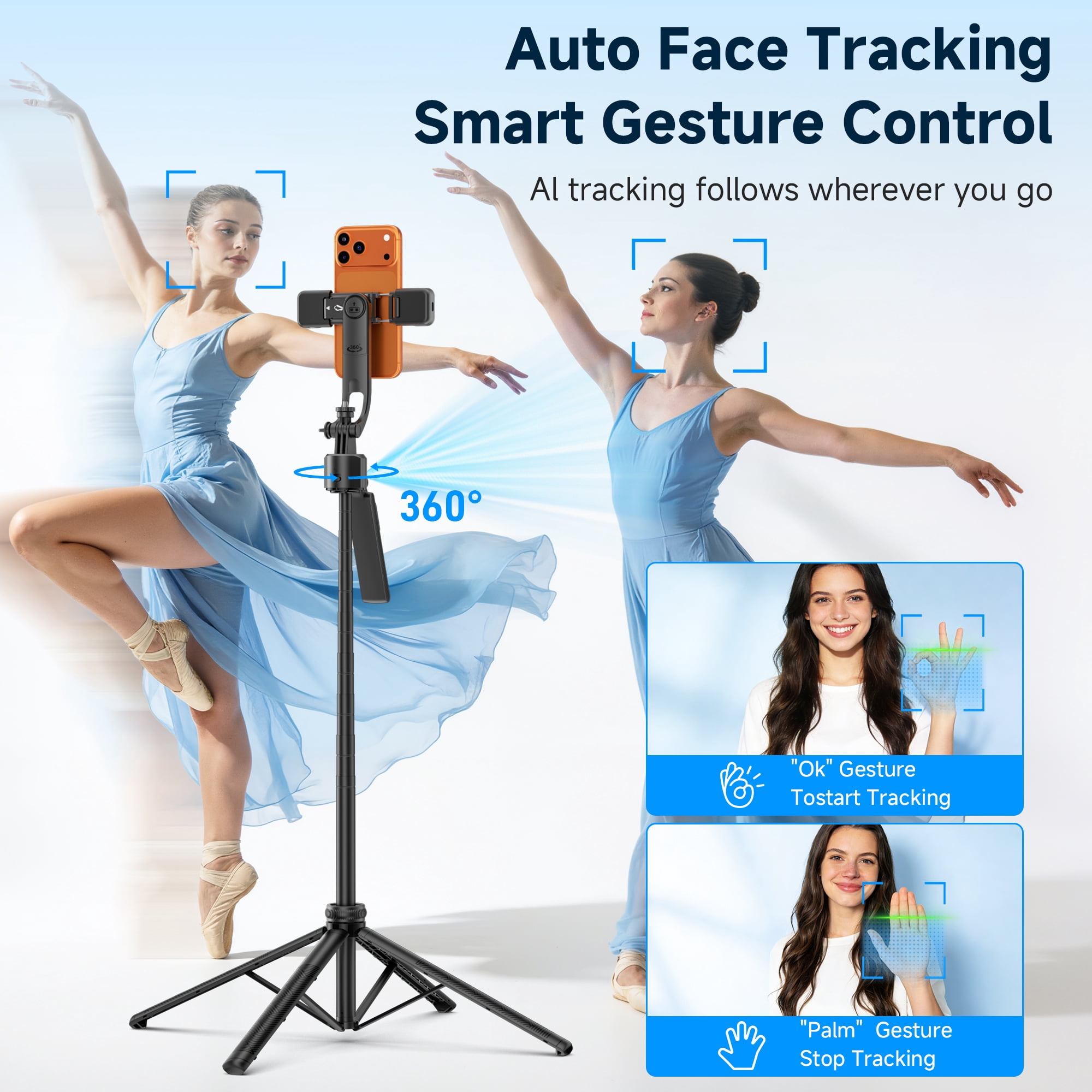 SelfieShow 64” Auto Face Tracking Tripod for iPhone, 360° Rotating Selfie Stick Tripod, Handheld Stabilization with Remote Control and Fill Light, for TikTok Vlog Video Recording