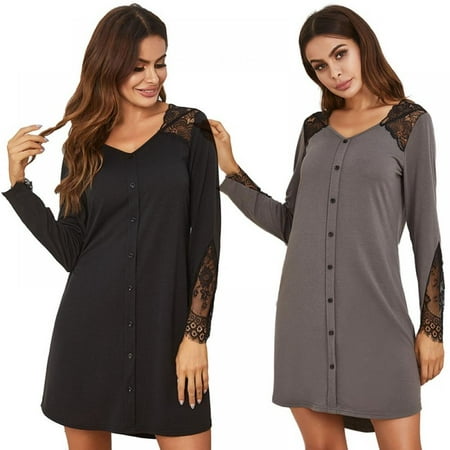 

Women Lady Lace Sleeve Cotton Sleep Dress Pajamas Dress Causal Nightdress Homewear