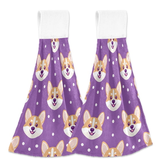 2 Pcs Kitchen Hand Towels with Hanging Loops Absorbent Soft Fast Drying Decor Bath Towels Corgi Dog Faces