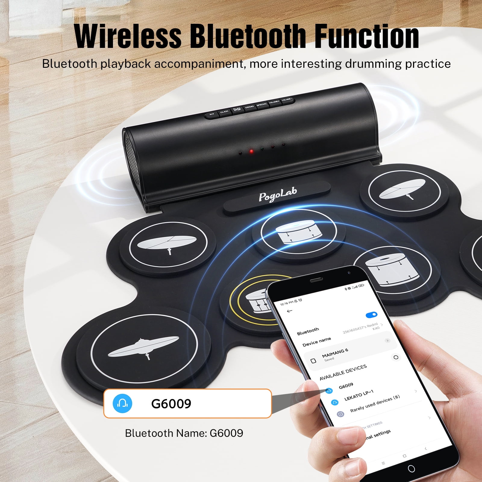 POGOLAB Electronic Drum Set, 7 Pads Roll Up Electric Drum Pad with Wireless Function, Portable Rechargeable Midi Drum Kit with Built-in Speaker/Pedals/Headphone Jack, Great Holiday Gift for Beginner