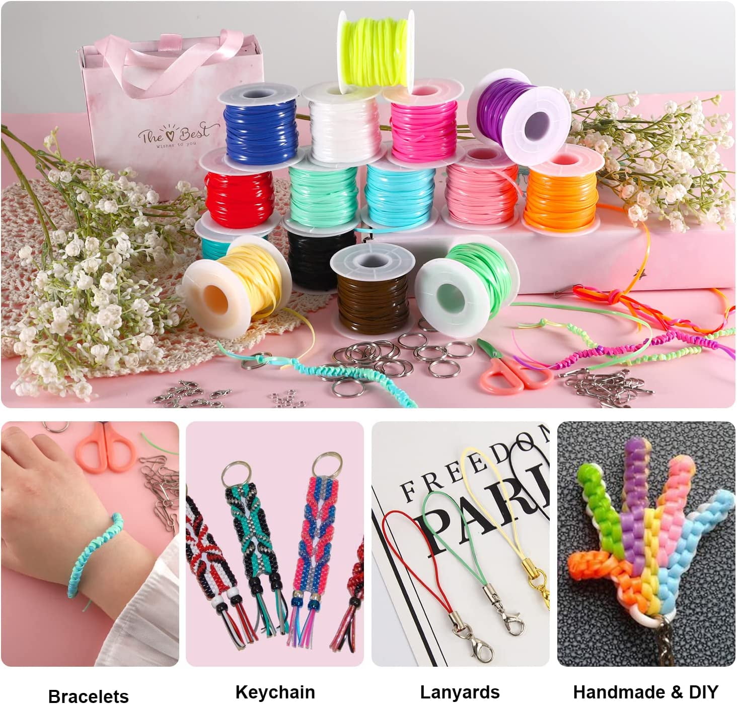 Lanyard String,15 Rolls Gimp String Plastic Lacing Cord Plastic String Lanyard Kit for Friendship Bracelets Jewelry Making DIY Craft Boondoggle Gimp Bracelet Making Kit