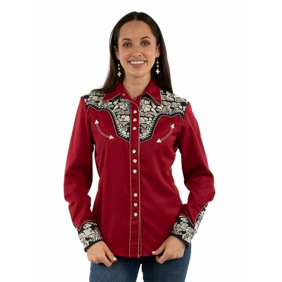 Scully Western Shirt Women L/S Snap Floral XS Red White Blue F0_PL-654