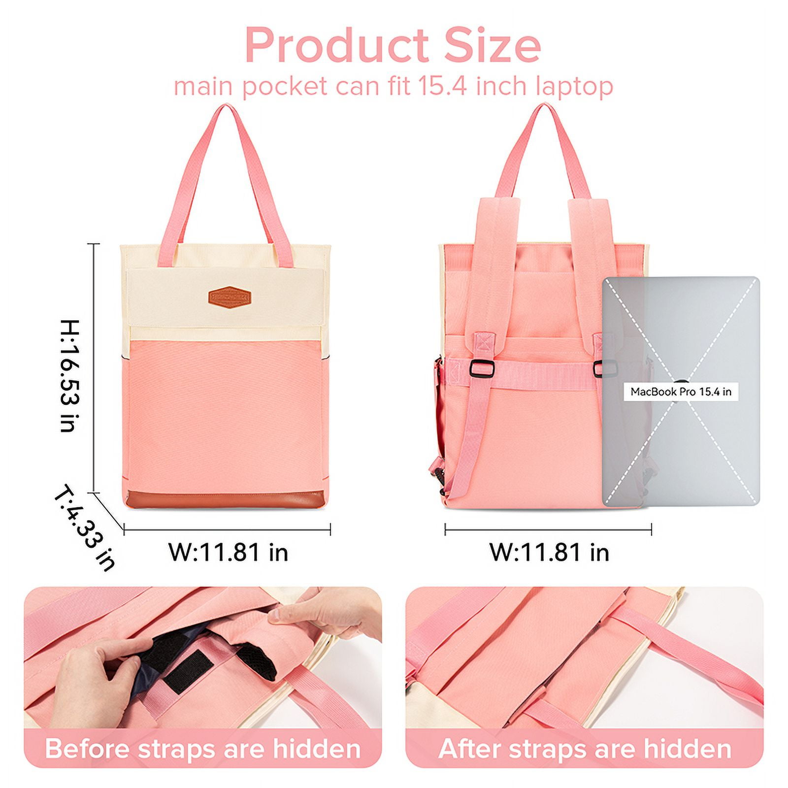 Laptop Backpack for Women, 15.6 Inch Tote Bag with Compartments & Backpack Strap, Waterproof Canvas Backpack Purse Casual Stylish, Lightweight Daypack for College, Work, Travel, Shopping