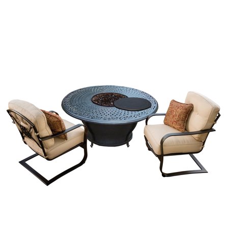 3 Piece Round Cast Aluminum Gas Fire Pit Set W Cream Patio Spring