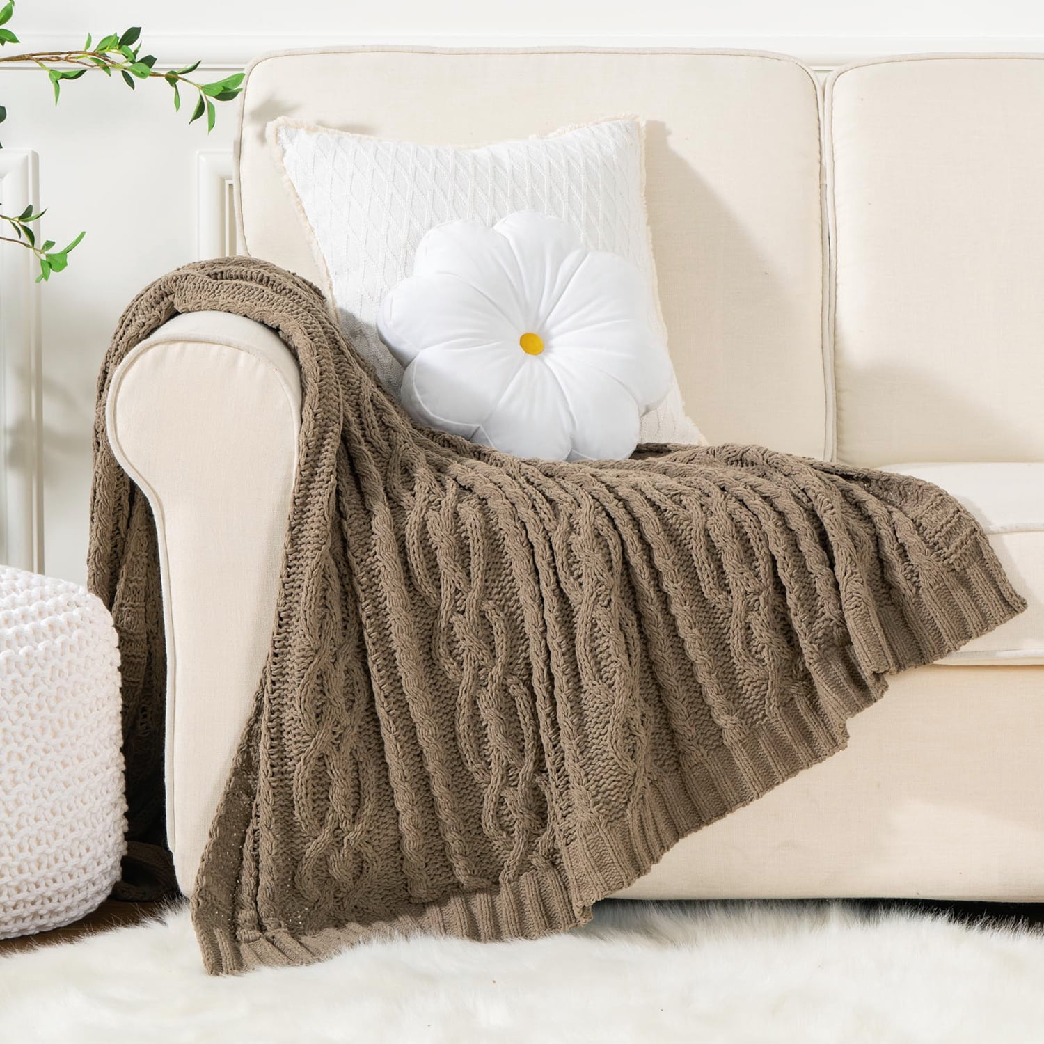 Battilo Camel Throw Blanket,Woven Chenille Cable Knit Blanket,Living Room Decor,51"x67"
