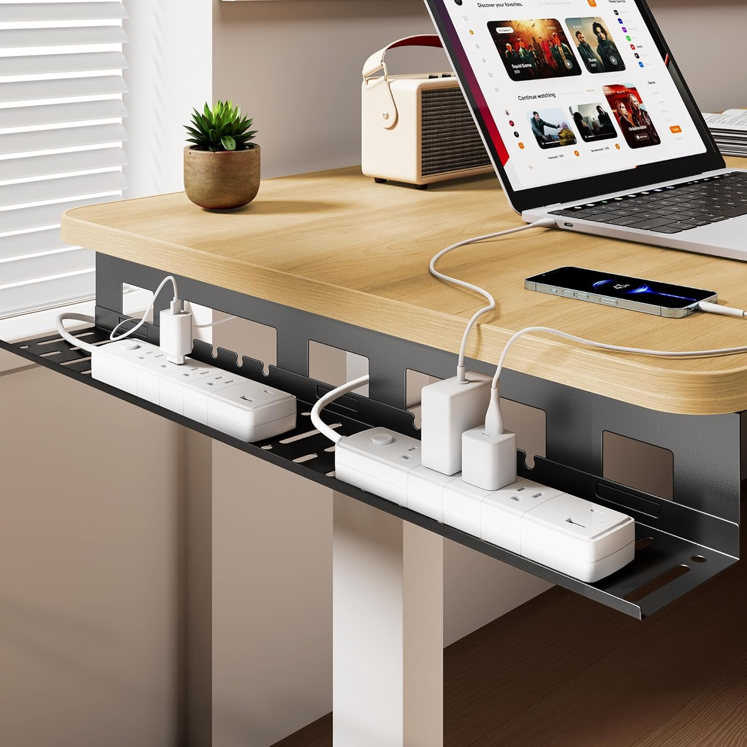 Under Desk Cable Management Tray, 31.5" Metal Cord Organizer Rack for Power Strips, Wires & Chargers, Easy Mounting Desk Tray for Home Office, Black