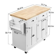 BENTISM 35.4 Kitchen Island on Wheels Cart Rubber Solid Wood Countertop Rolling Storage Cabinet with 2 Drawers & Spice Rack & Towel Holder, White